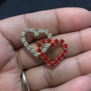 Gold Heart-Shaped Red and White Crystal Brooch